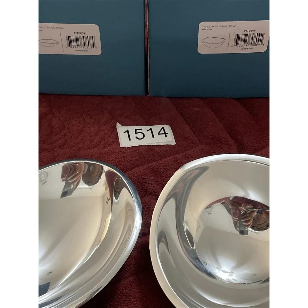 2- Nambe Tri Corner & Butterfly Small Bowls Silver Alloy Metal MT0809 & MT0808